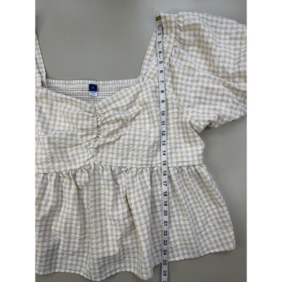 Old Navy Women Puff-Sleeve Smocked Seersucker Babydoll Top 3X Yellow Tan Gingham - Picture 8 of 16